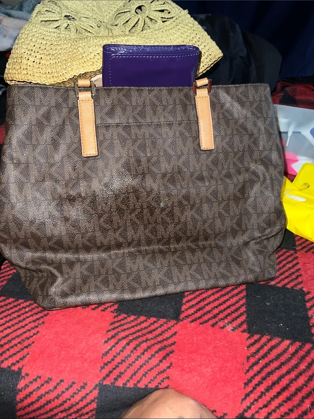 Michael Kors Brown MK Logo Monogram Tote with Tan Leather Handles